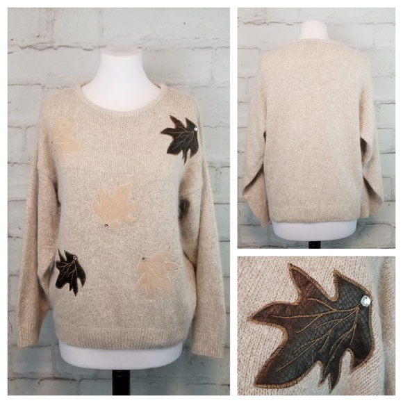 Vintage L Beige Silk Angora Sweater Autumn Leaves